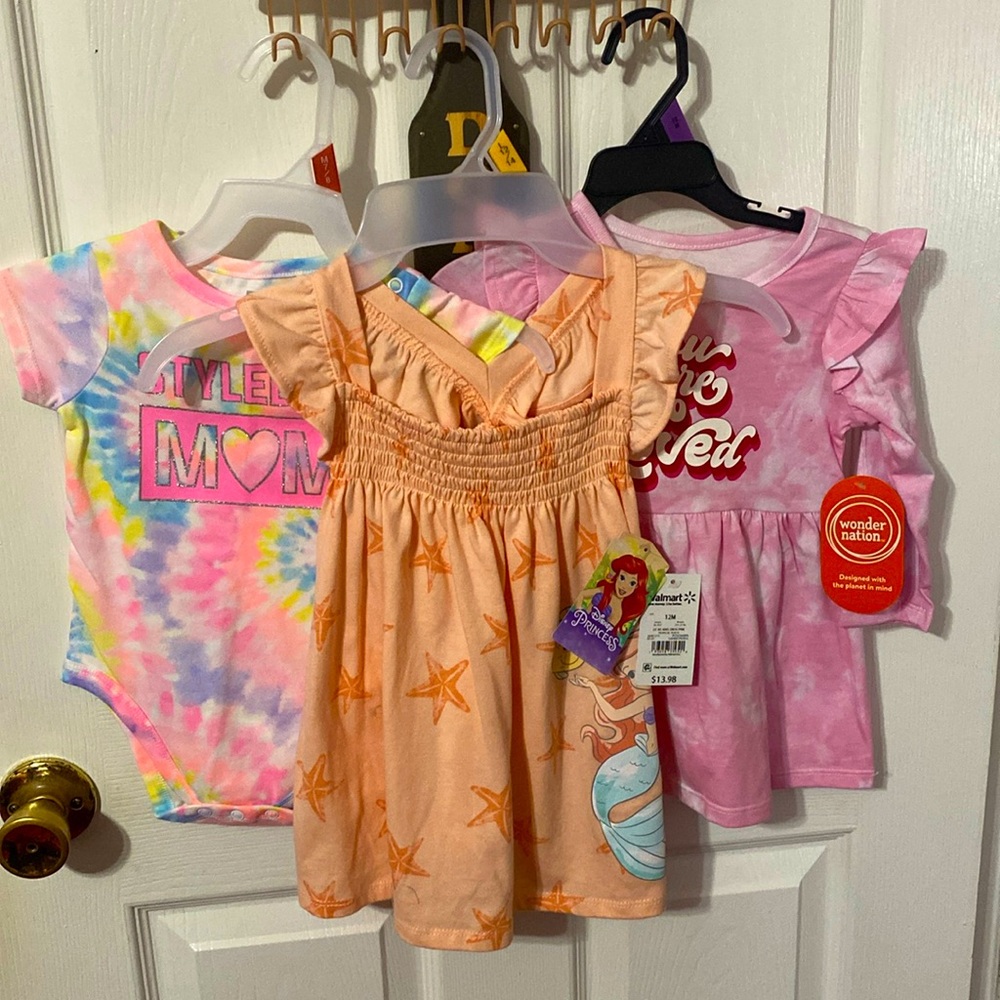 Disney, Wonder Nation, Garanimals baby girl dresses and onesie bundle; size: 12M